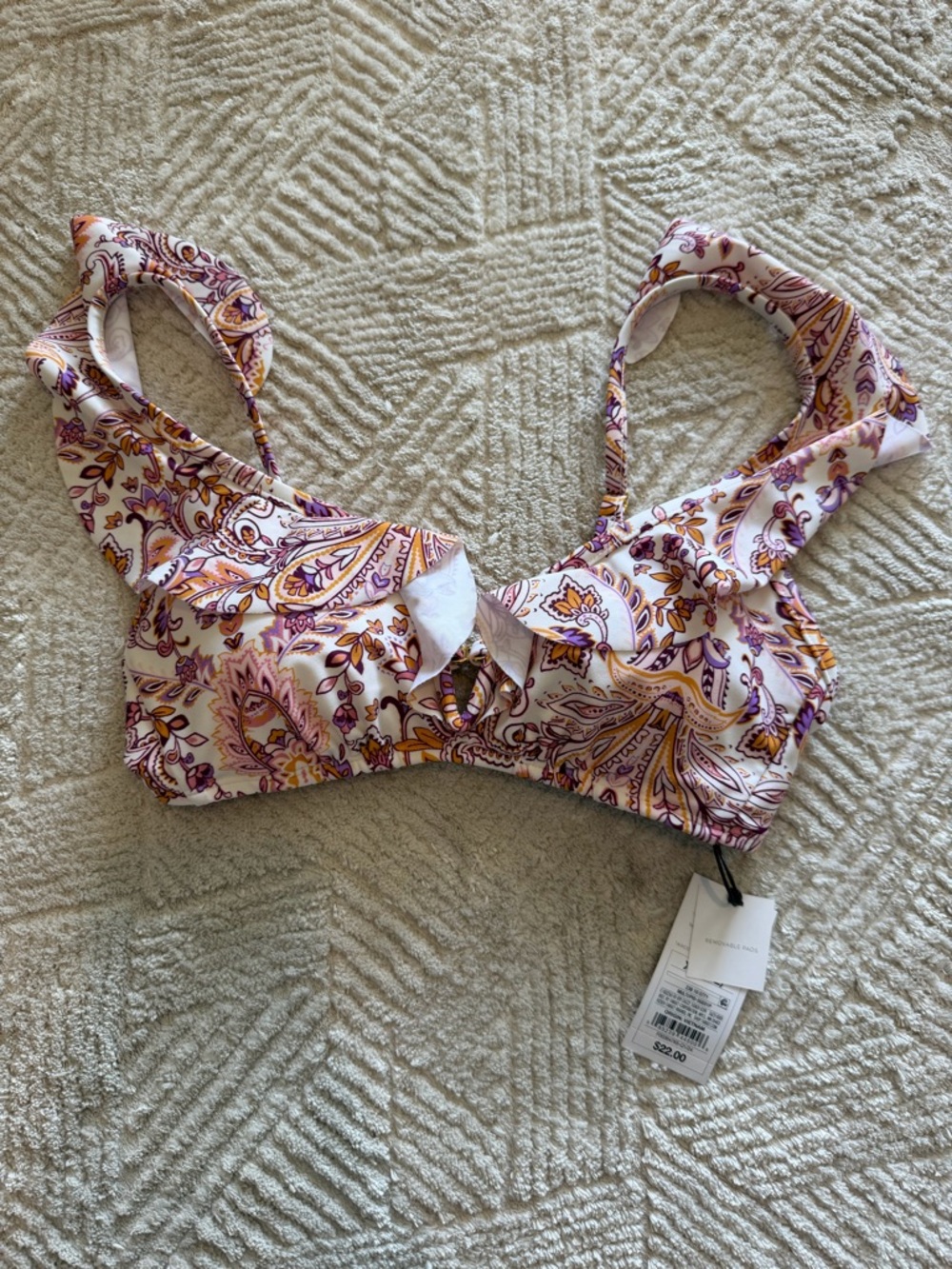 Shade & Shore Paisley Bikini Top XS Pink Purple Ruffle Strap Tie Front NWT